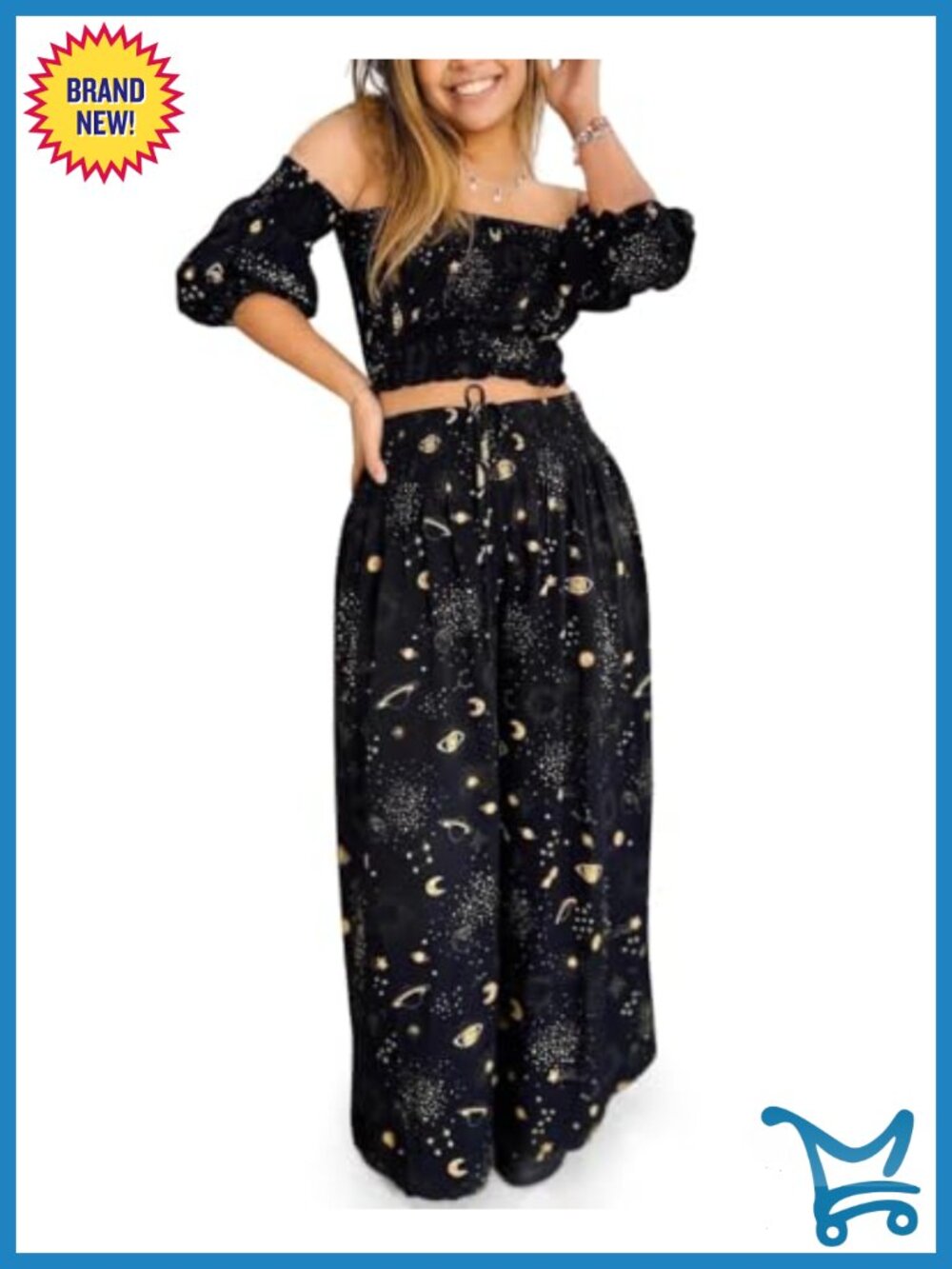 Witchy Celestial Print 2-Piece Lounge Set Off-Shoulder Crop Top Wide-Leg Pants